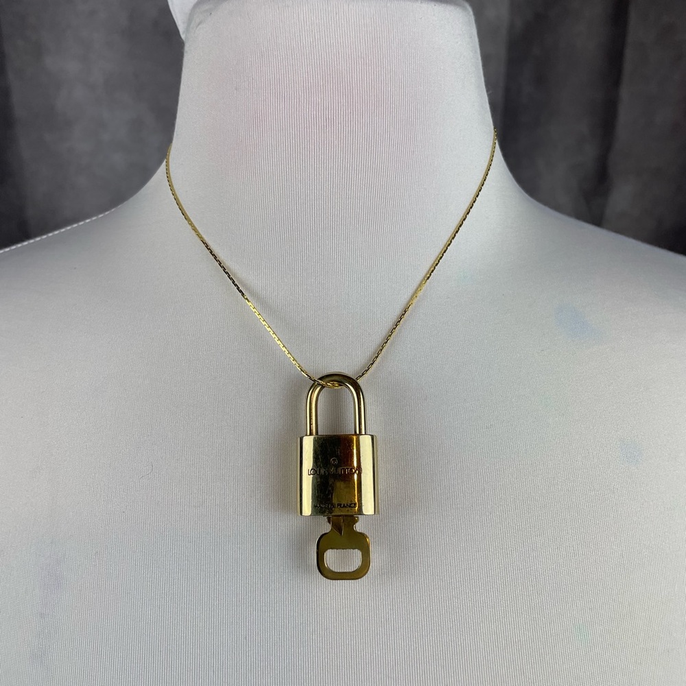 Authentic Louis Vuitton LV Signature Brass Padlock Key 14k Gold Plating Necklace